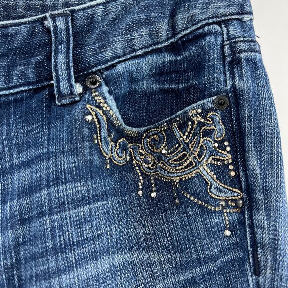 Express (6) Stella Bootcut Jeans (30x29) Shirt Dark Wash Low Rise Crystal Stud - Picture 6 of 13